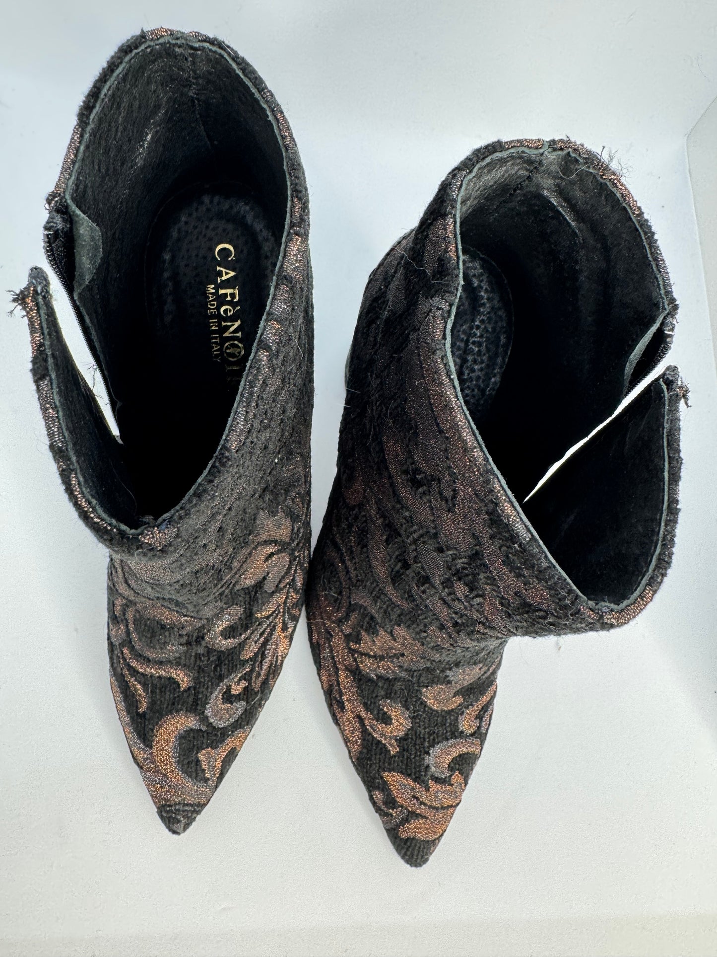 Women’s Black Ankle Boots UK 5 (EU 38) – CafeNoir Embroidered Baroque Pattern, Block Heel