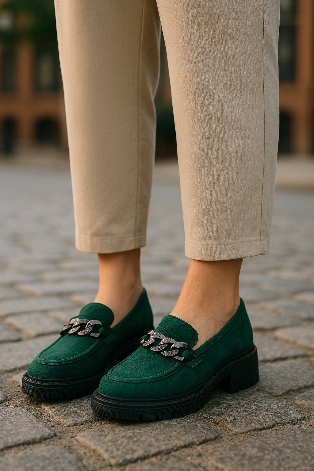 Women’s Green Suede Chunky Loafers with Black Chain – UK Size 3.5