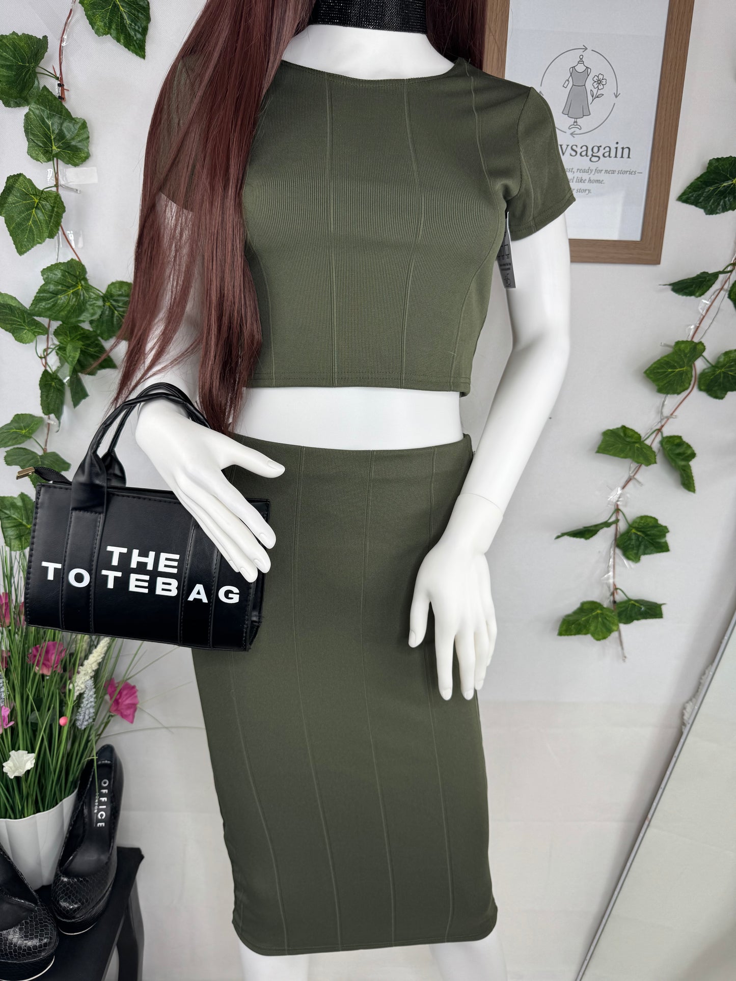 Women’s Khaki Co-Ord Set – Crop Top & Midi Skirt Size 8