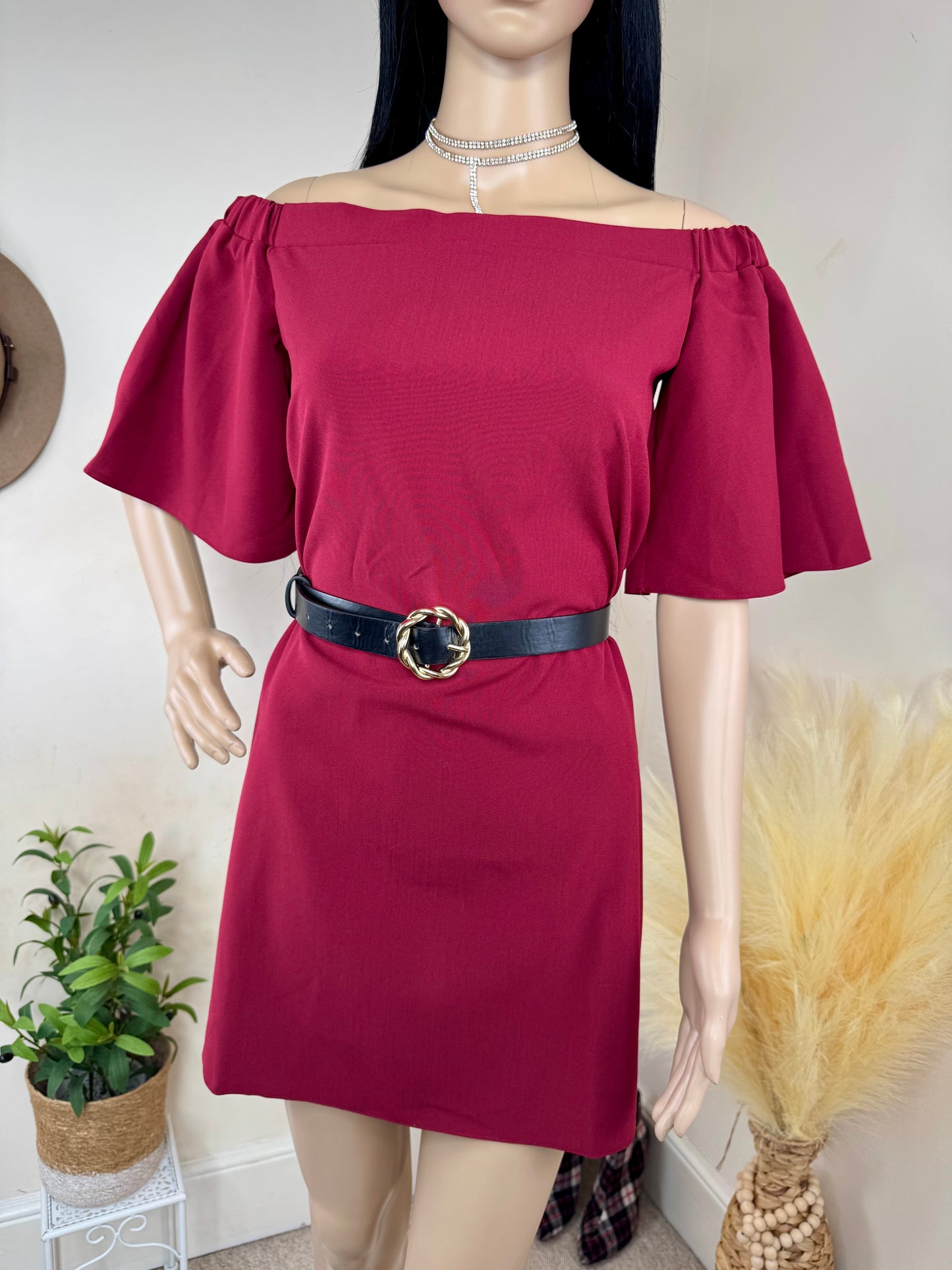 Burgundy Off Shoulder Mini Dress – Women’s Uk Size 10, Flared Sleeve Cocktail Party Outfit