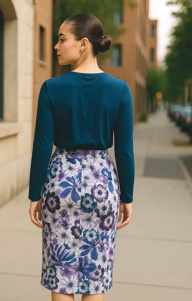 Women’s Floral Pencil Skirt – Purple Print – Size 10 (Fits Small)