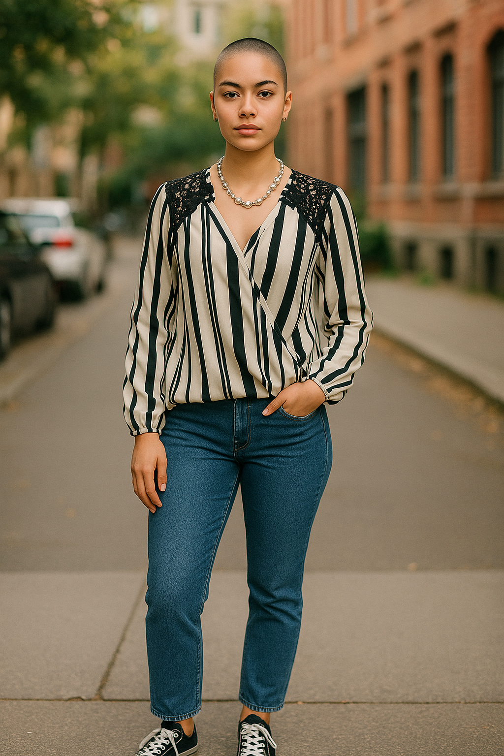 Black and White Striped Blouse – Long Sleeve V-Neck Top with Lace Shoulders – UK 10 & 14