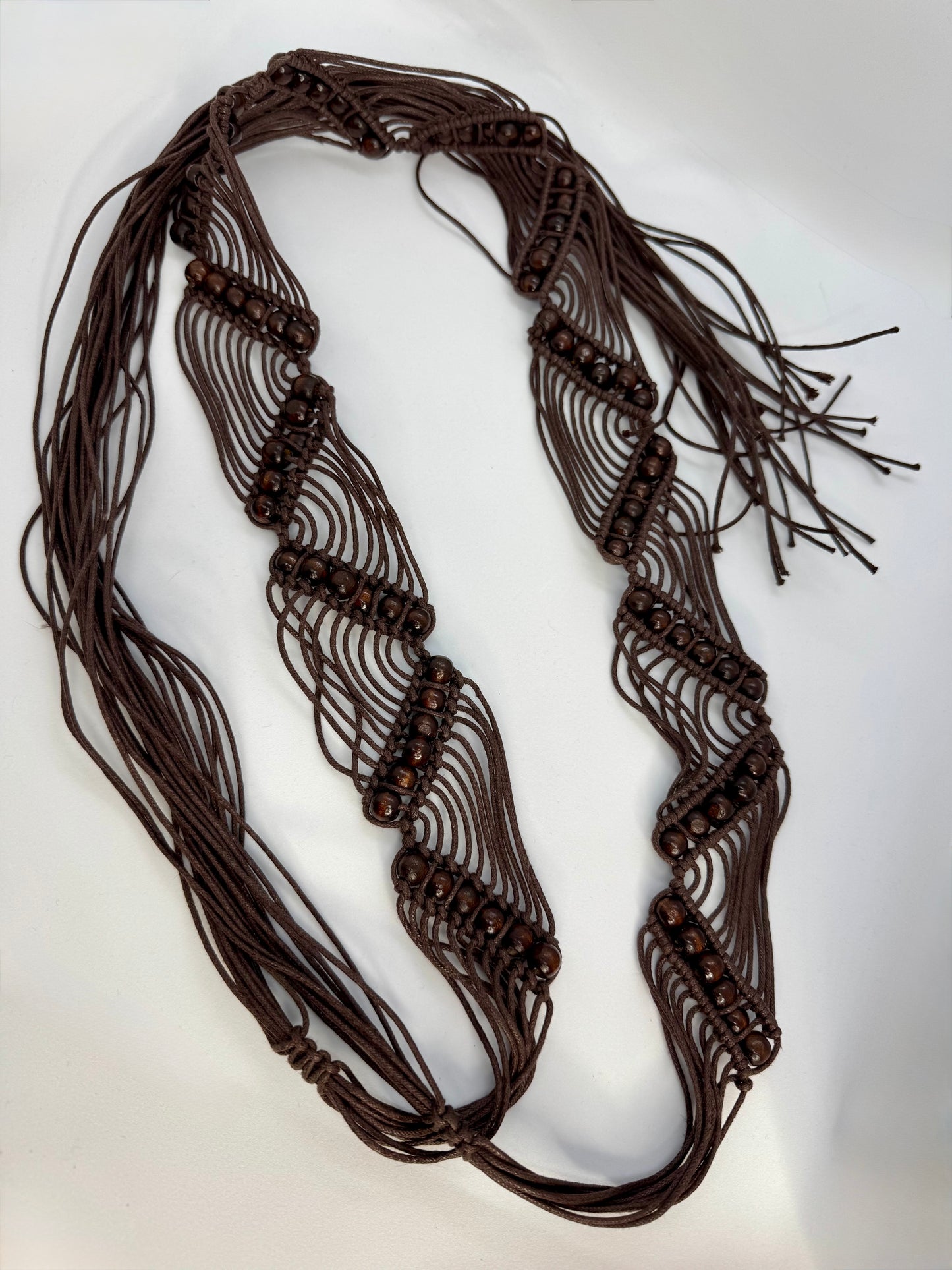 Women’s Brown Beaded Macramé Tie Waist Belt – One Size Boho