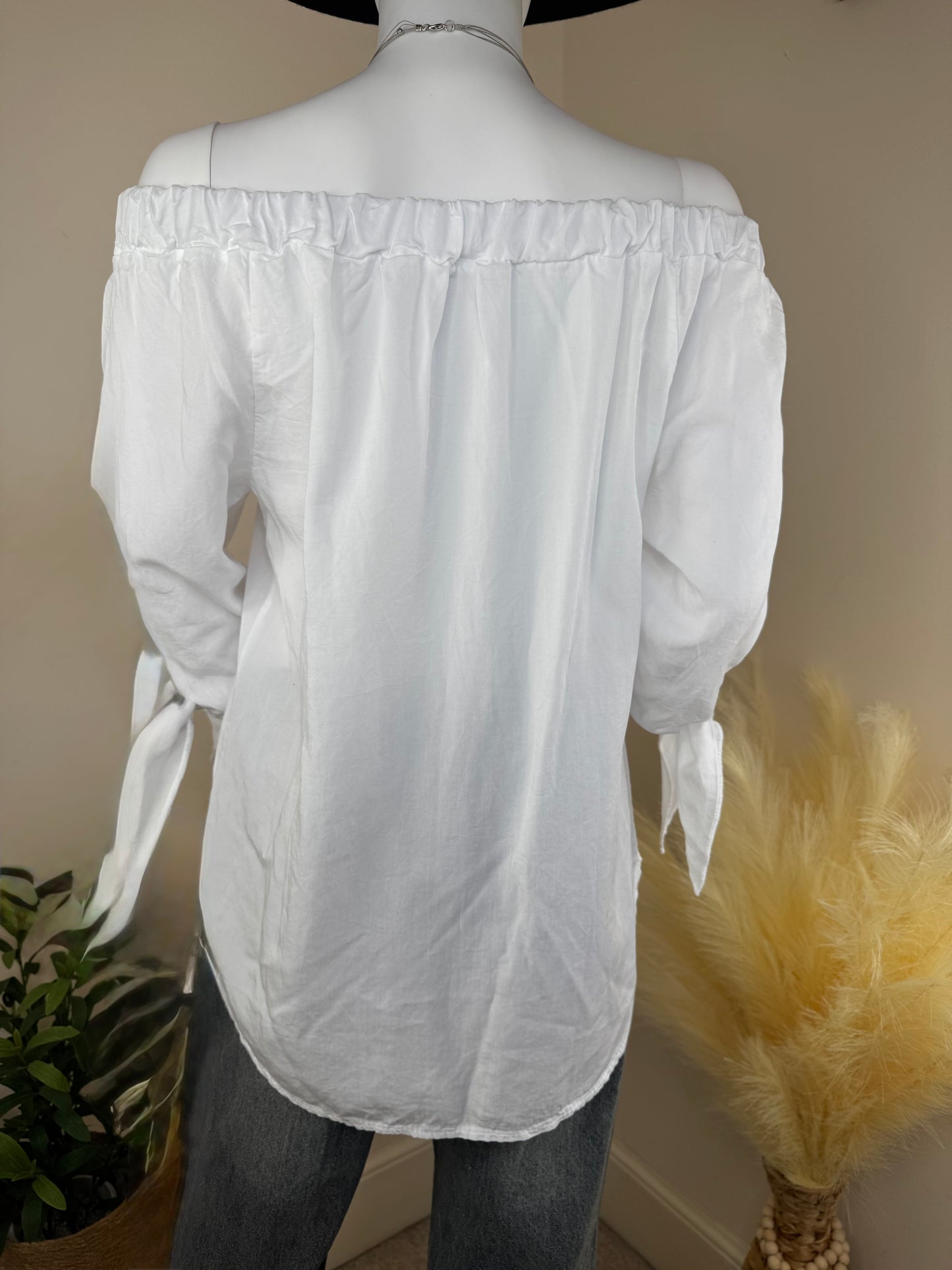 Women’s White Off Shoulder Blouse – Long Sleeve Tie Detail Top (UK 12)