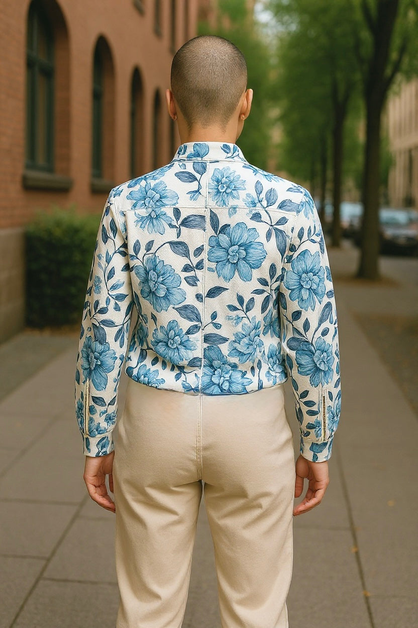Women’s Blue Floral Zip Jacket with Pockets – Sizes 10 & 14