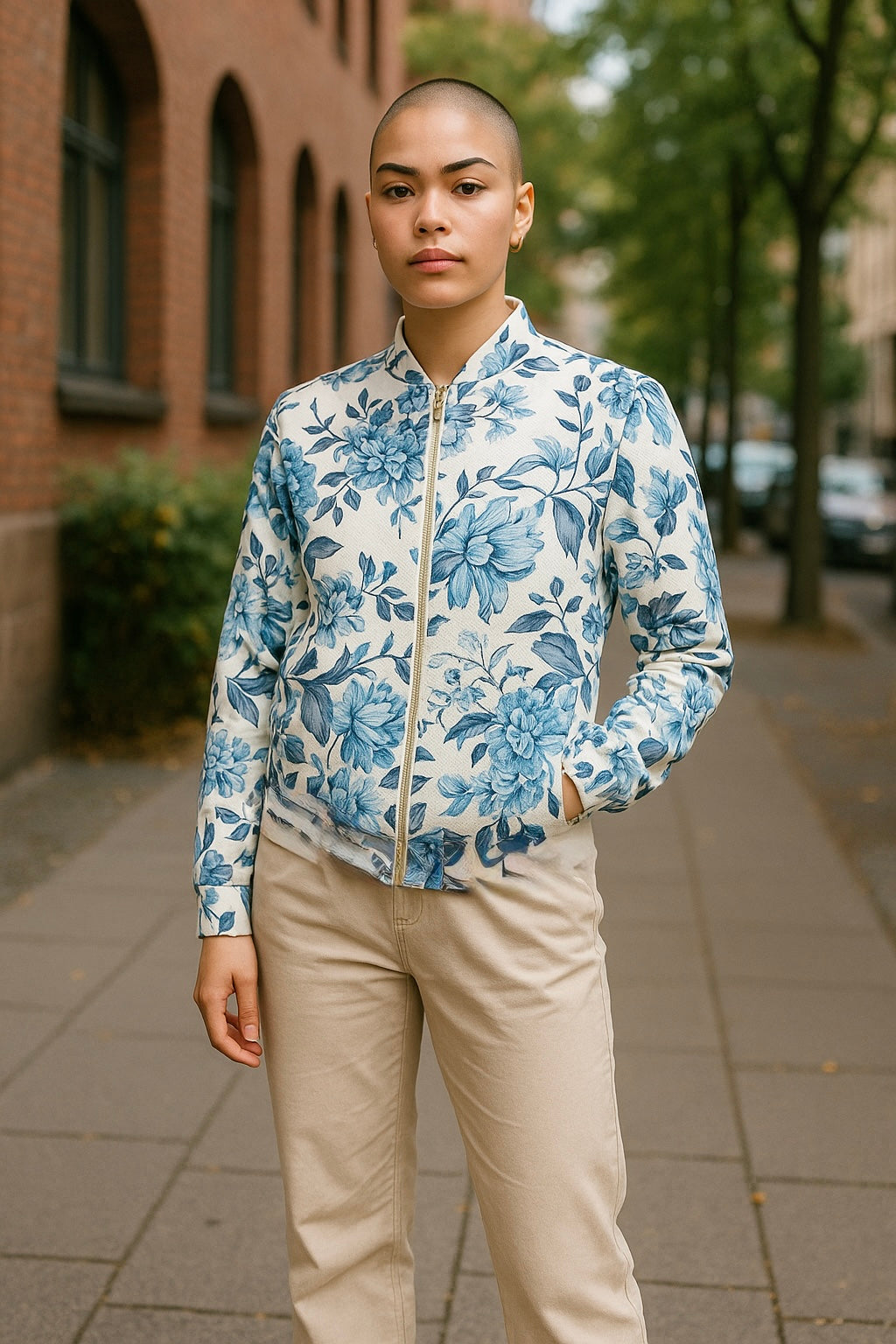 Women’s Blue Floral Zip Jacket with Pockets – Sizes 10 & 14