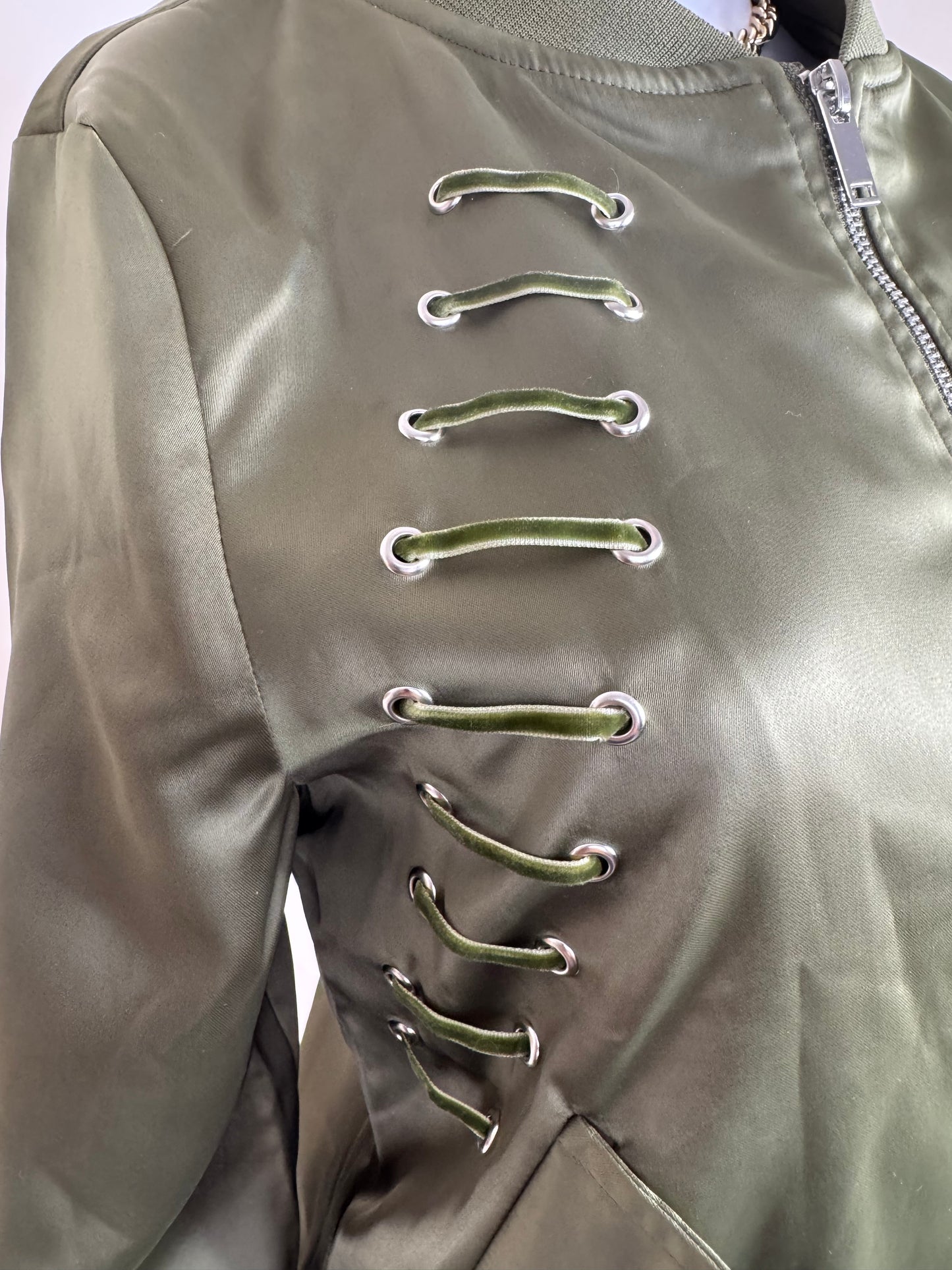 Women’s Bomber Jacket with Safety Pin Detail – Gold UK 10 / Khaki Green UK 8– Boutique Outerwear