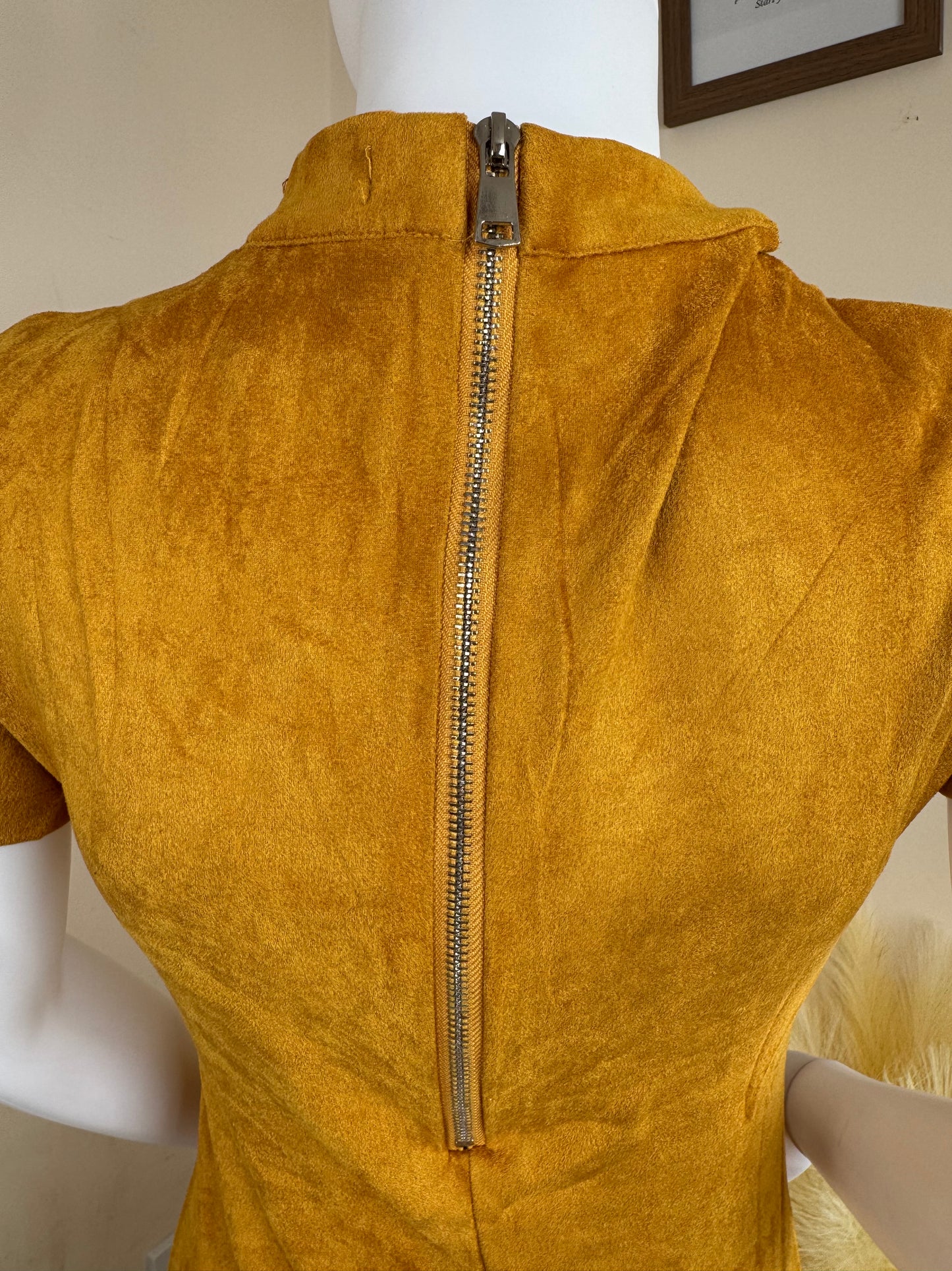 Women’s Mini Dress UK 10 – Yellow Suede Look with Choker Neck