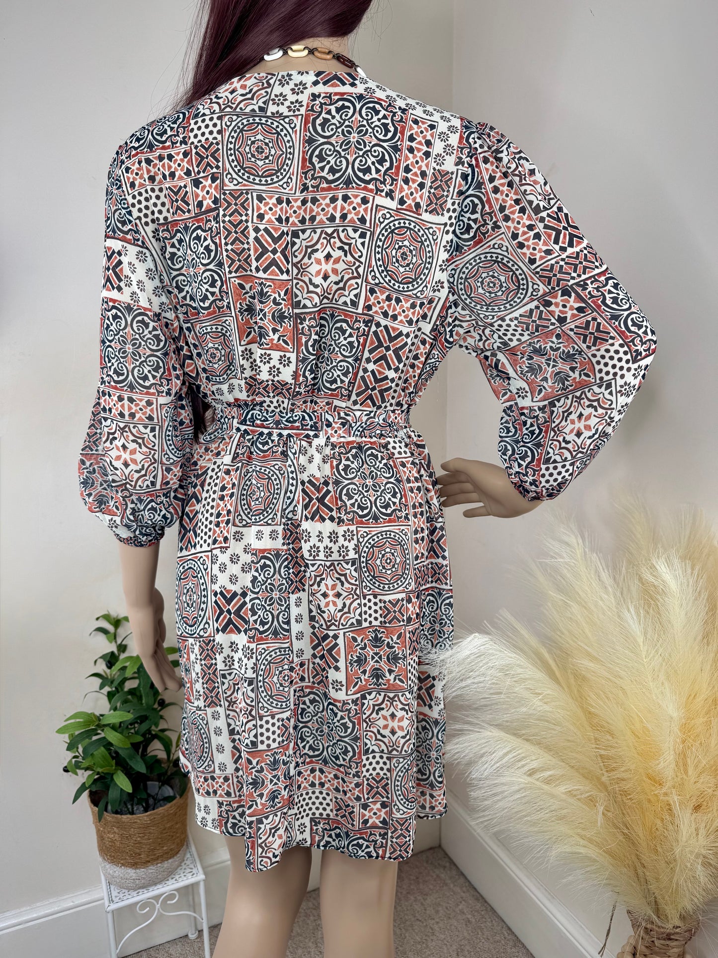 Women’s Boho Print Mini Dress – Long Sleeve Tie Waist – UK Size 12