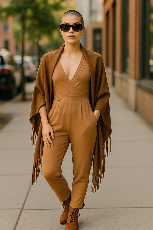 Women’s Camel Jumpsuit – V Neck Tailored Fit with Pockets (UK 10 & 12)