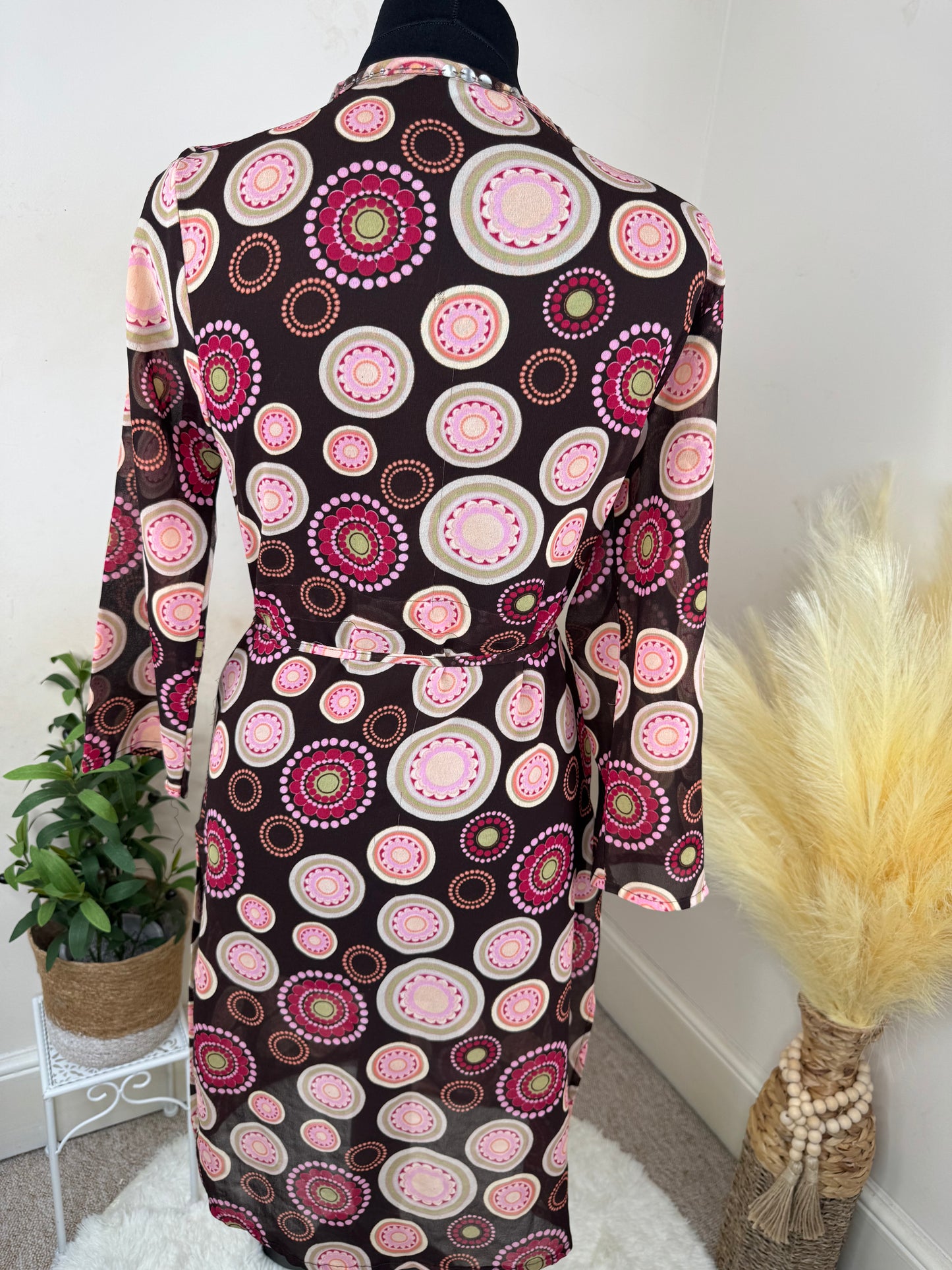 Brown Retro Print Wrap Dress with Tie Belt – Size 8