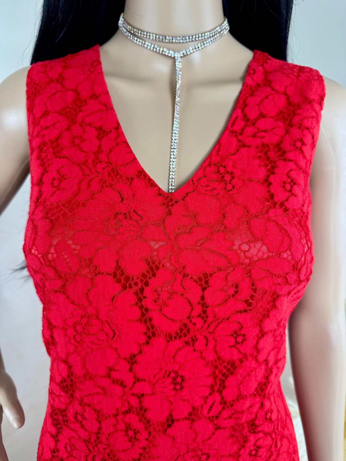 Women’s Red Lace Midi Dress – Sleeveless Occasion Wear UK size 12