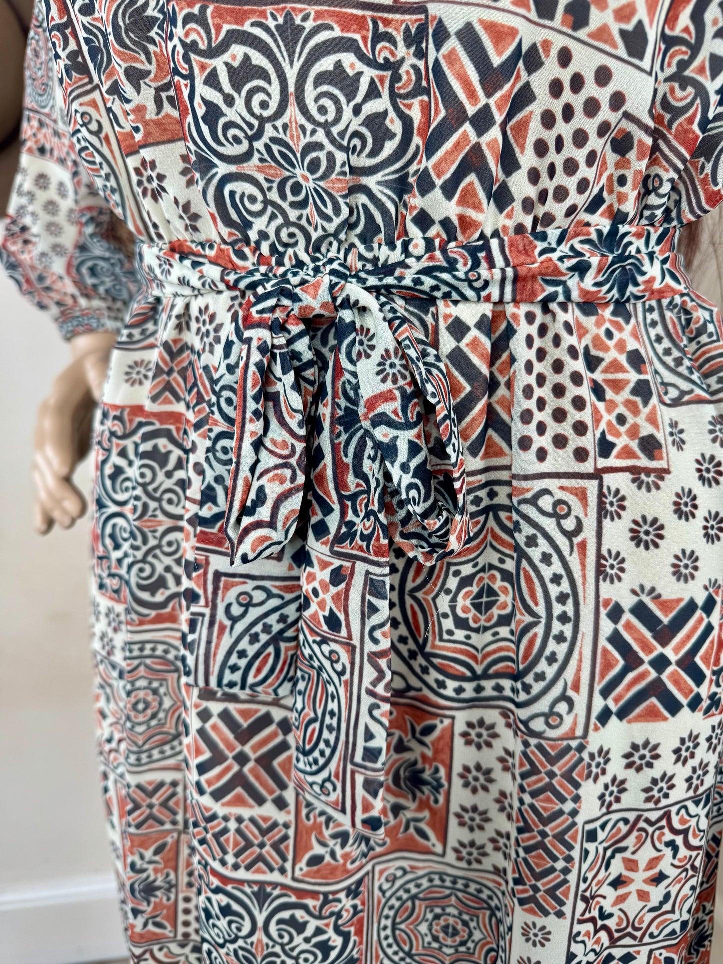 Women’s Boho Print Mini Dress – Long Sleeve Tie Waist – UK Size 12