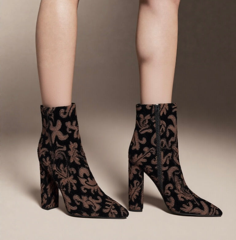 Women’s Black Ankle Boots UK 5 (EU 38) – CafeNoir Embroidered Baroque Pattern, Block Heel