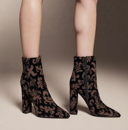 Women’s Black Ankle Boots UK 5 (EU 38) – CafeNoir Embroidered Baroque Pattern, Block Heel