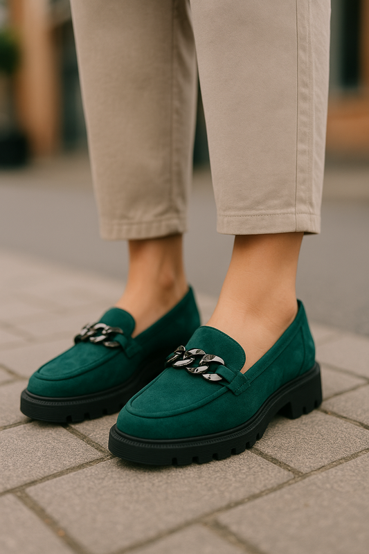 Women’s Green Suede Chunky Loafers with Black Chain – UK Size 3.5