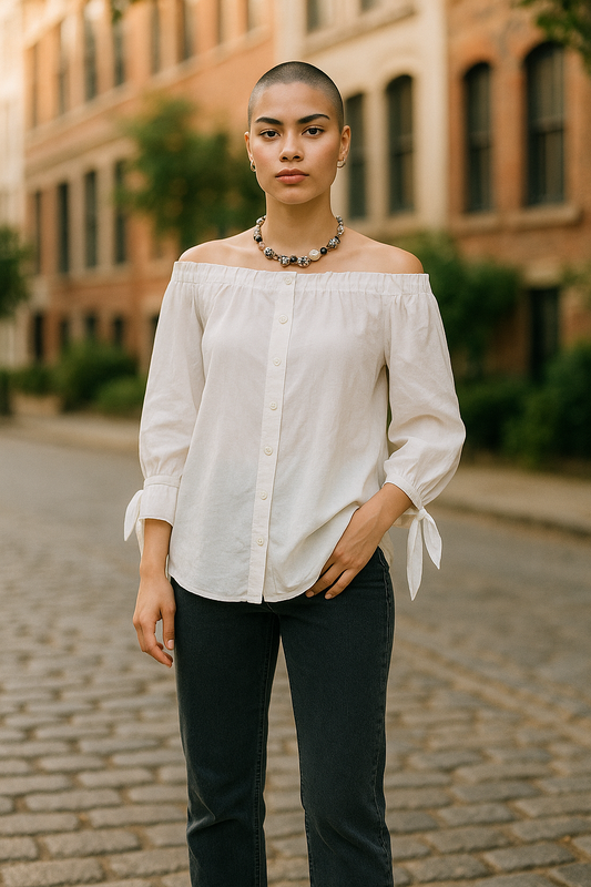 Women’s White Off Shoulder Blouse – Long Sleeve Tie Detail Top (UK 12)