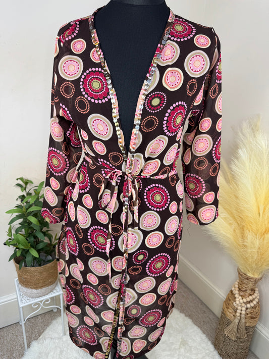 Brown Retro Print Wrap Dress with Tie Belt – Size 8