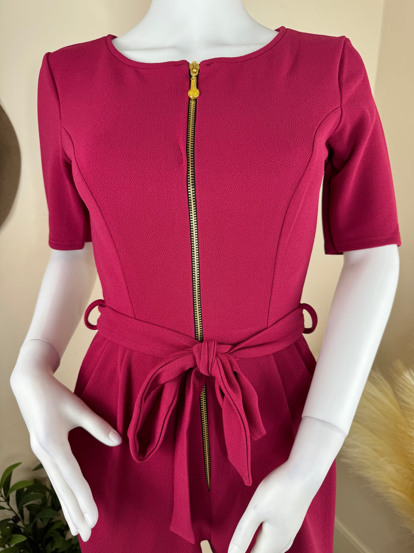 Women’s Burgundy Jumpsuit – Size 10 (Small Fit) – Short Sleeve, Tie Waist, UK Made