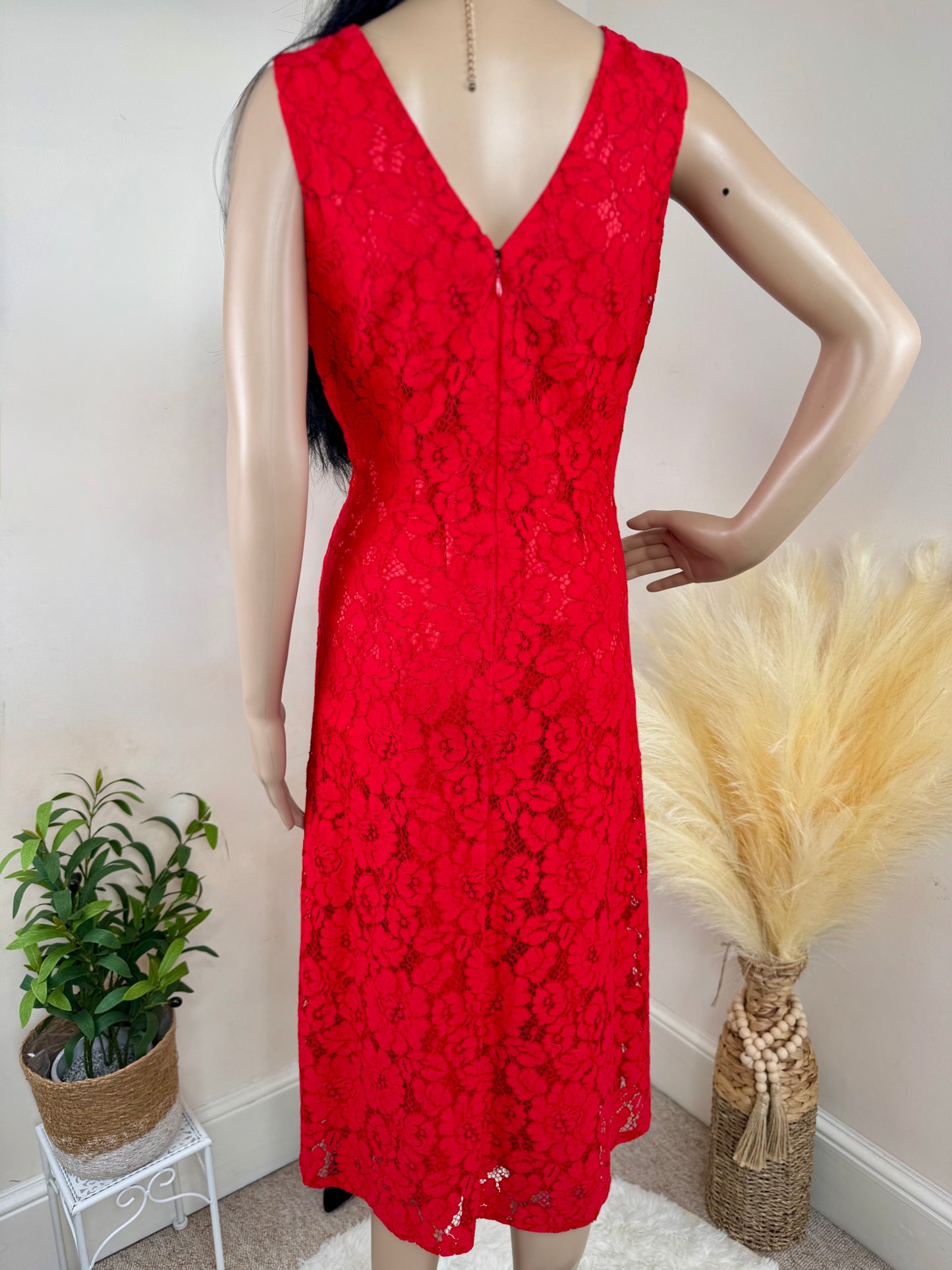 Women’s Red Lace Midi Dress – Sleeveless Occasion Wear UK size 12