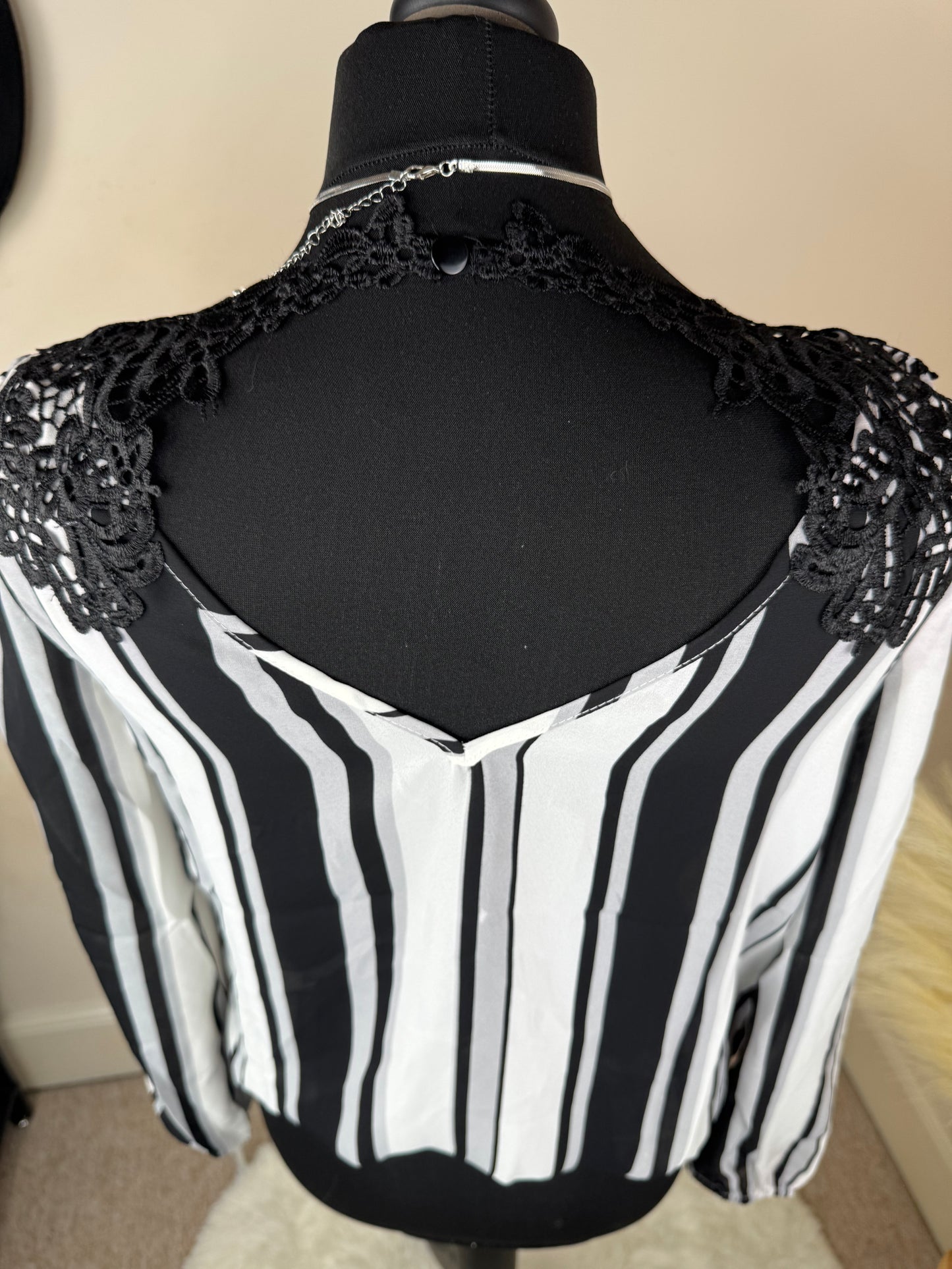 Black and White Striped Blouse – Long Sleeve V-Neck Top with Lace Shoulders – UK 10 & 14