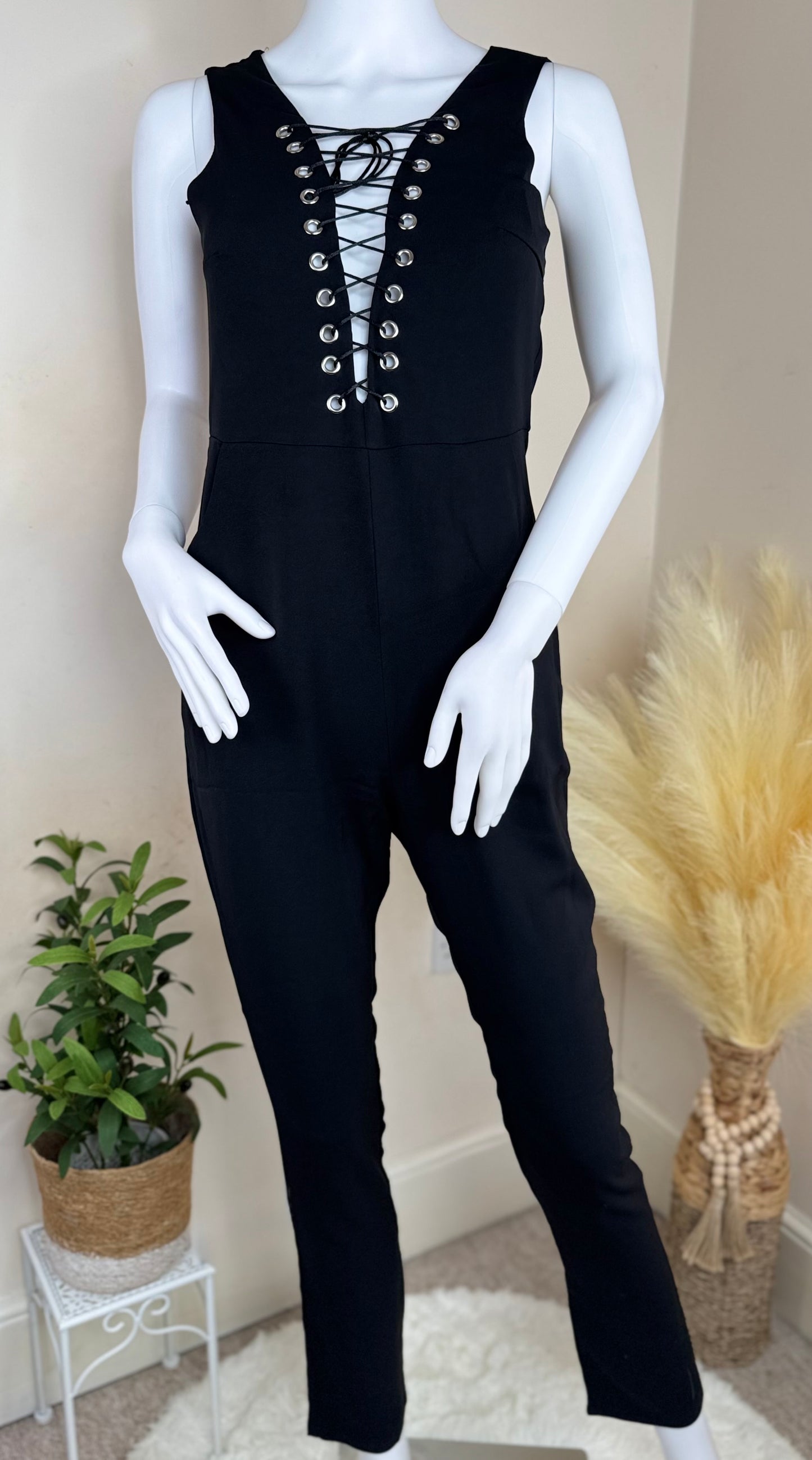 Women’s Lace-Up Front Jumpsuit – Black & Red – Sizes S/M