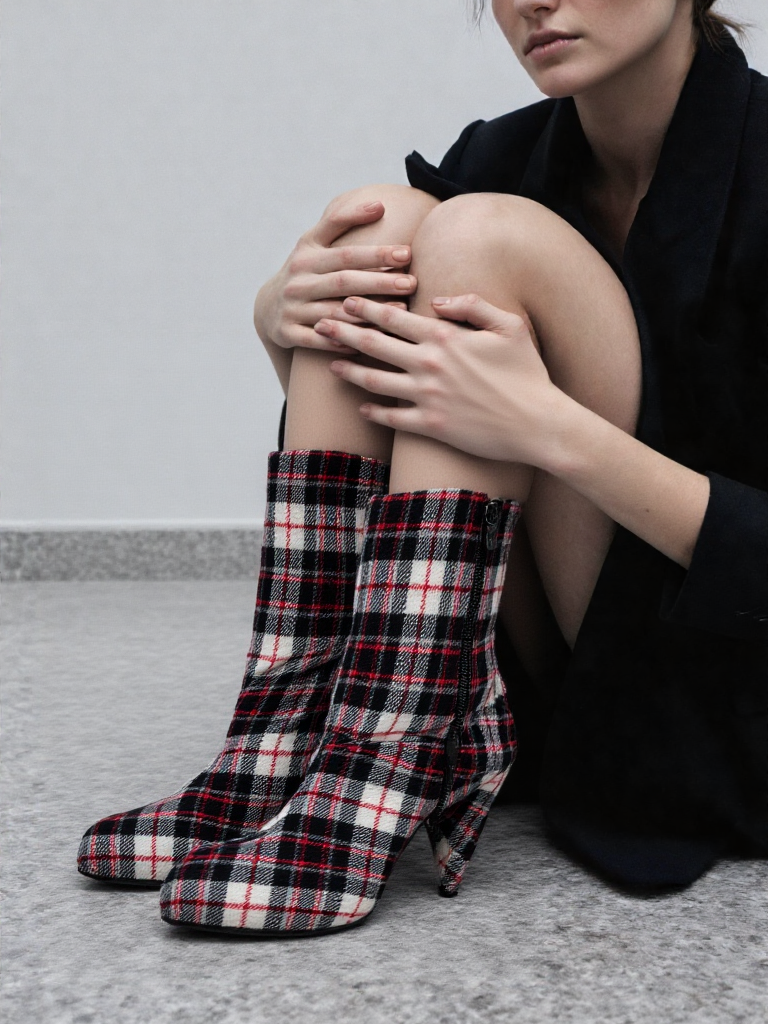 Women’s Plaid Ankle Boots – Pointed Toe Heeled Zip Up UK Size 5