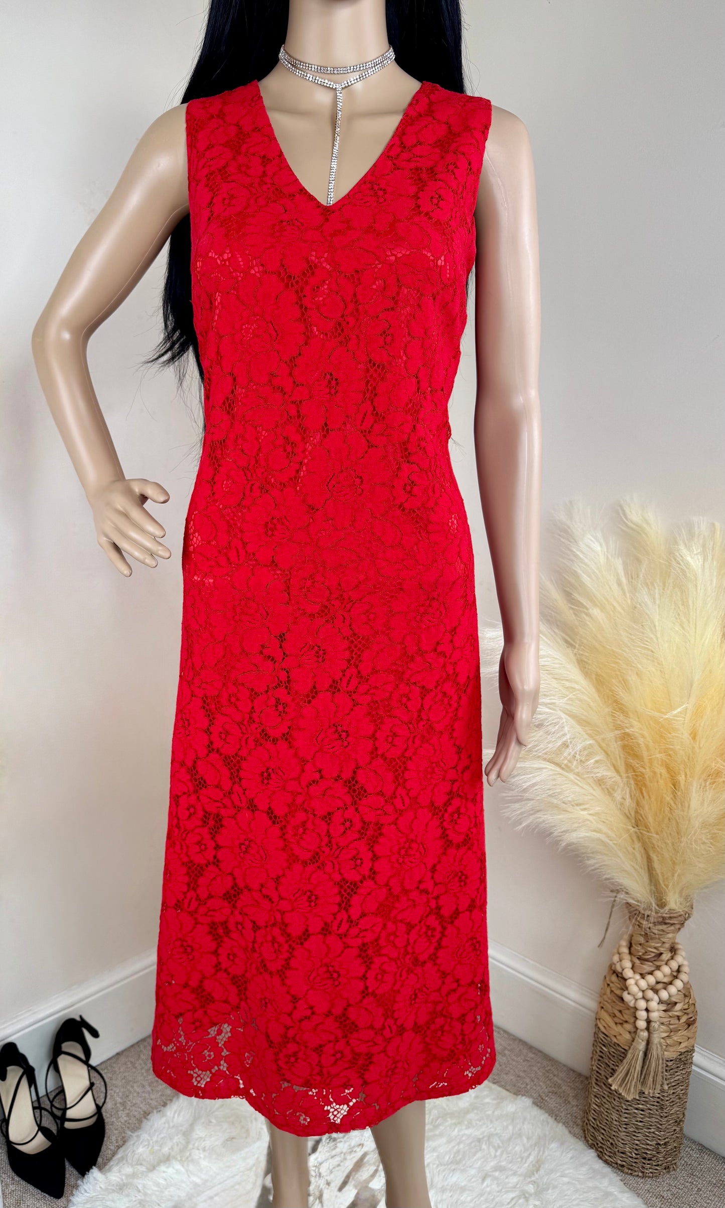 Women’s Red Lace Midi Dress – Sleeveless Occasion Wear UK size 12