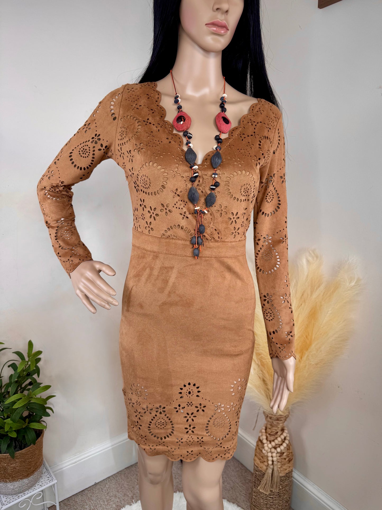 Women's Brown Suede Look Mini Dress – Laser Cut Long Sleeve Bodycon, Size S UK 8