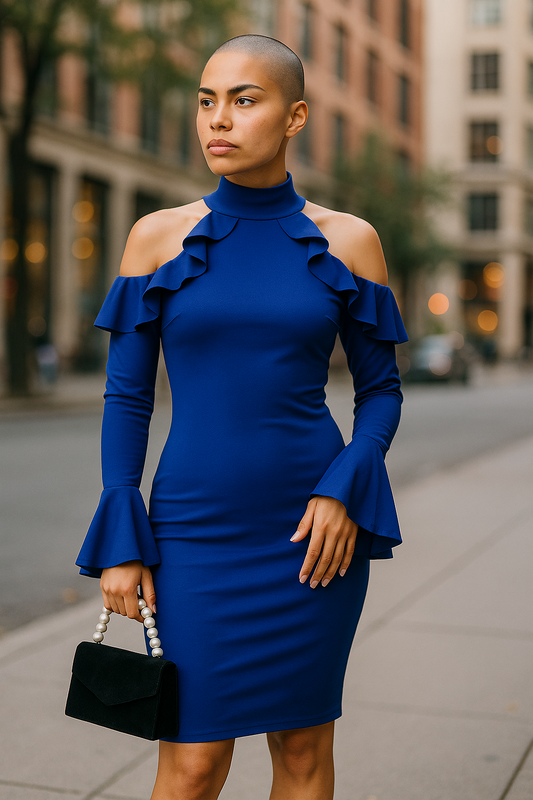 Blue Bodycon Dress – Cold Shoulder, Frill Sleeves – Size 8 & 10