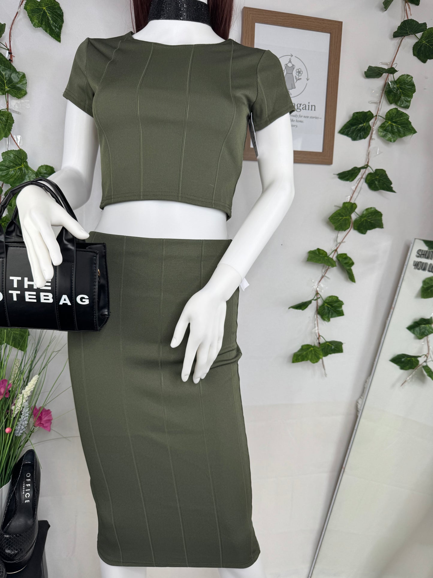 Women’s Khaki Co-Ord Set – Crop Top & Midi Skirt Size 8