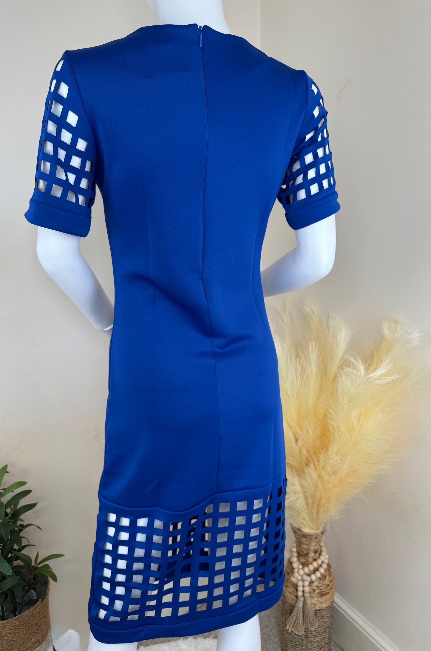 Women’s party midi dress with cut-out sleeves – red or blue – UK 10 & 12