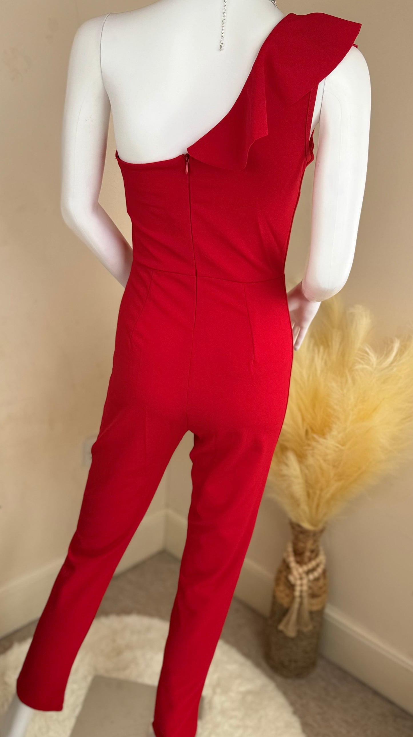 Women’s Red One Shoulder Ruffle Jumpsuit – Party & Evening Wear (UK 8)