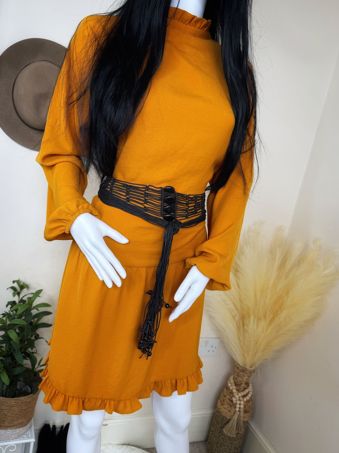 Women’s Mustard Ruffle Hem Long Sleeve Mini Dress Size 16
