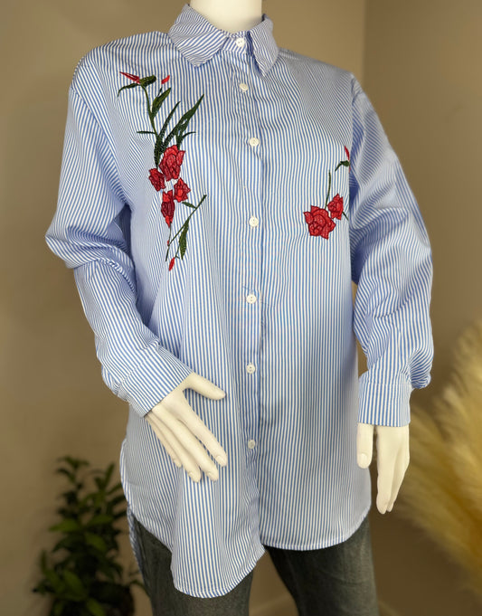 Women’s Blue Striped Shirt with Red Floral Embroidery – Oversized Fit (UK 8)