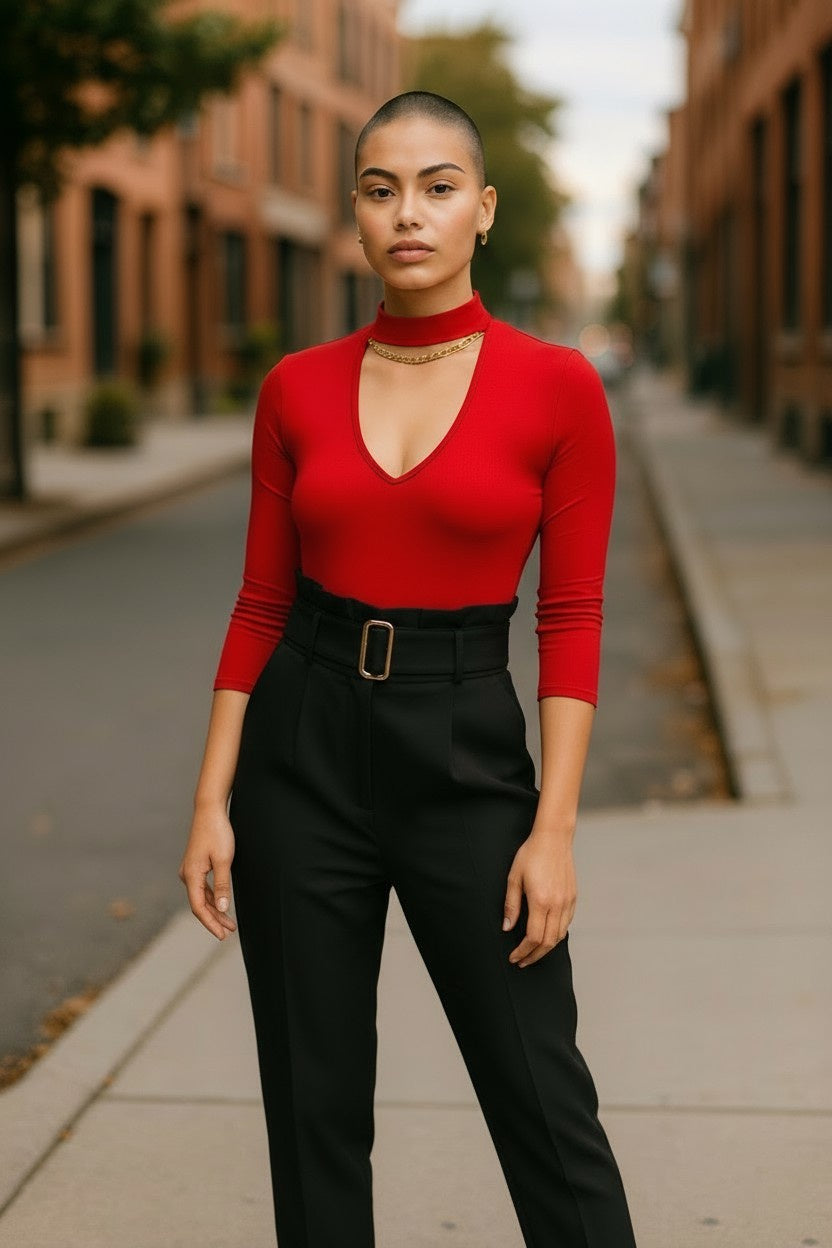 Women’s Black Paperbag Waist Trousers with Belt – Size UK 8