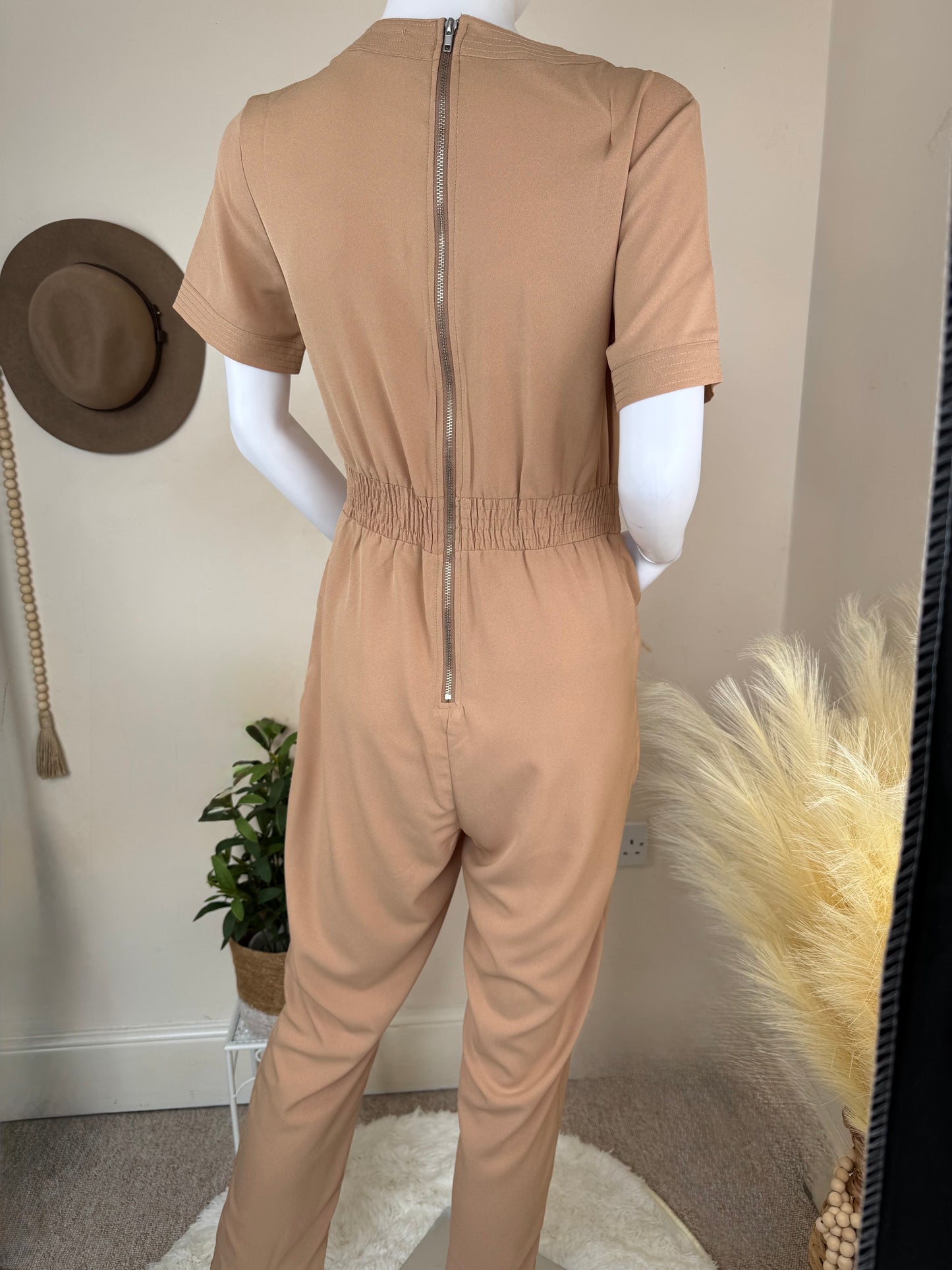 Women’s Camel Jumpsuit – V Neck Tailored Fit with Pockets (UK 10 & 12)