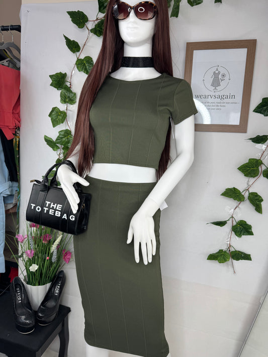 Women’s Khaki Co-Ord Set – Crop Top & Midi Skirt Size 8