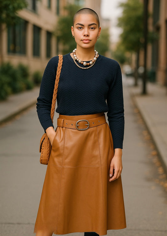 Women’s Tan Faux Leather Midi Skirt with Belt – Size 10