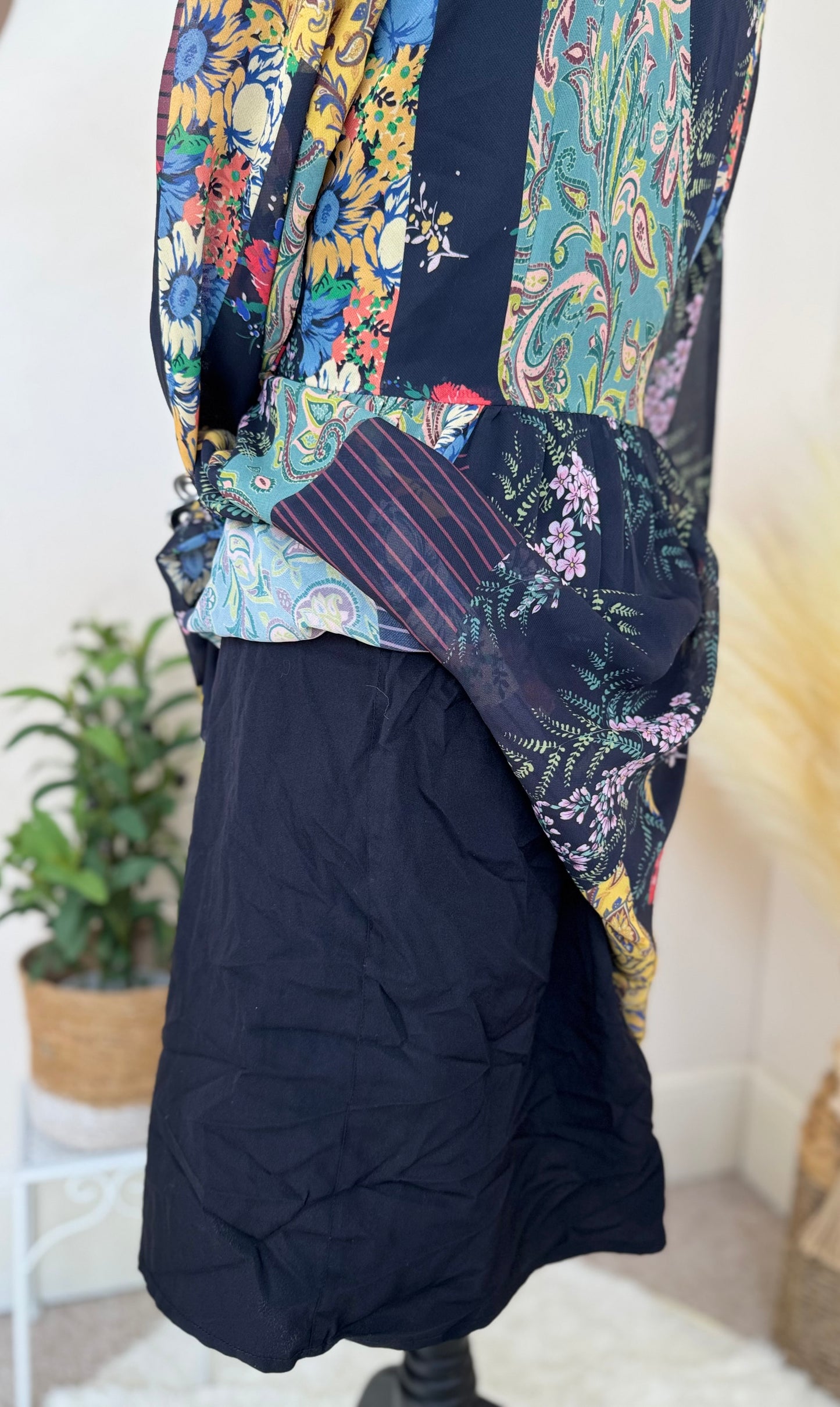 Women’s Patchwork Floral Midi Dress with Pussybow Tie – Size 10