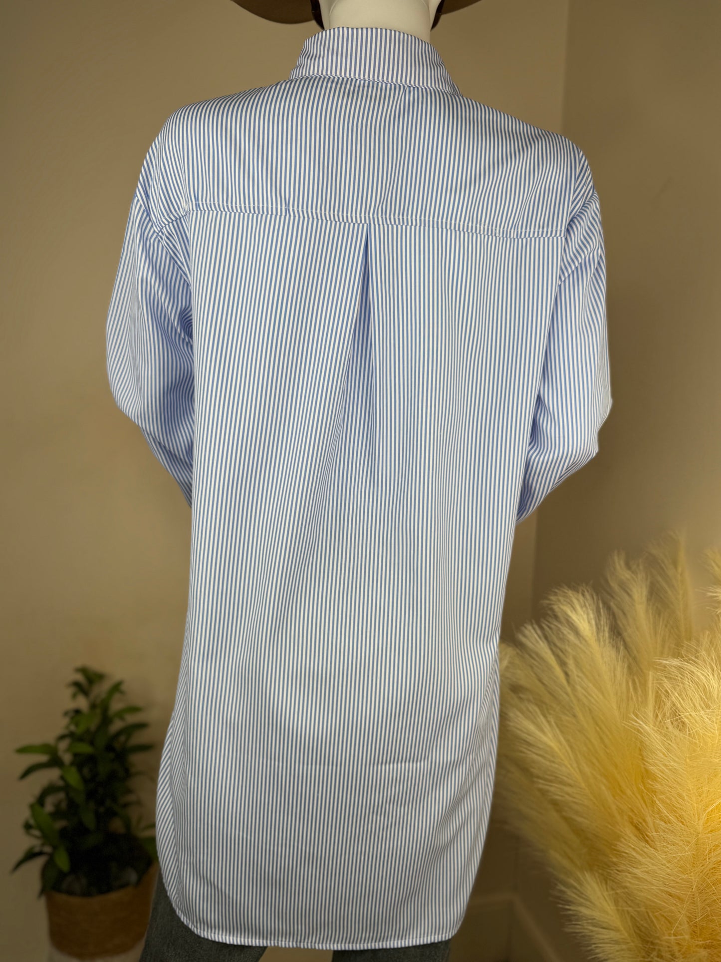 Women’s Blue Striped Shirt with Red Floral Embroidery – Oversized Fit (UK 8)