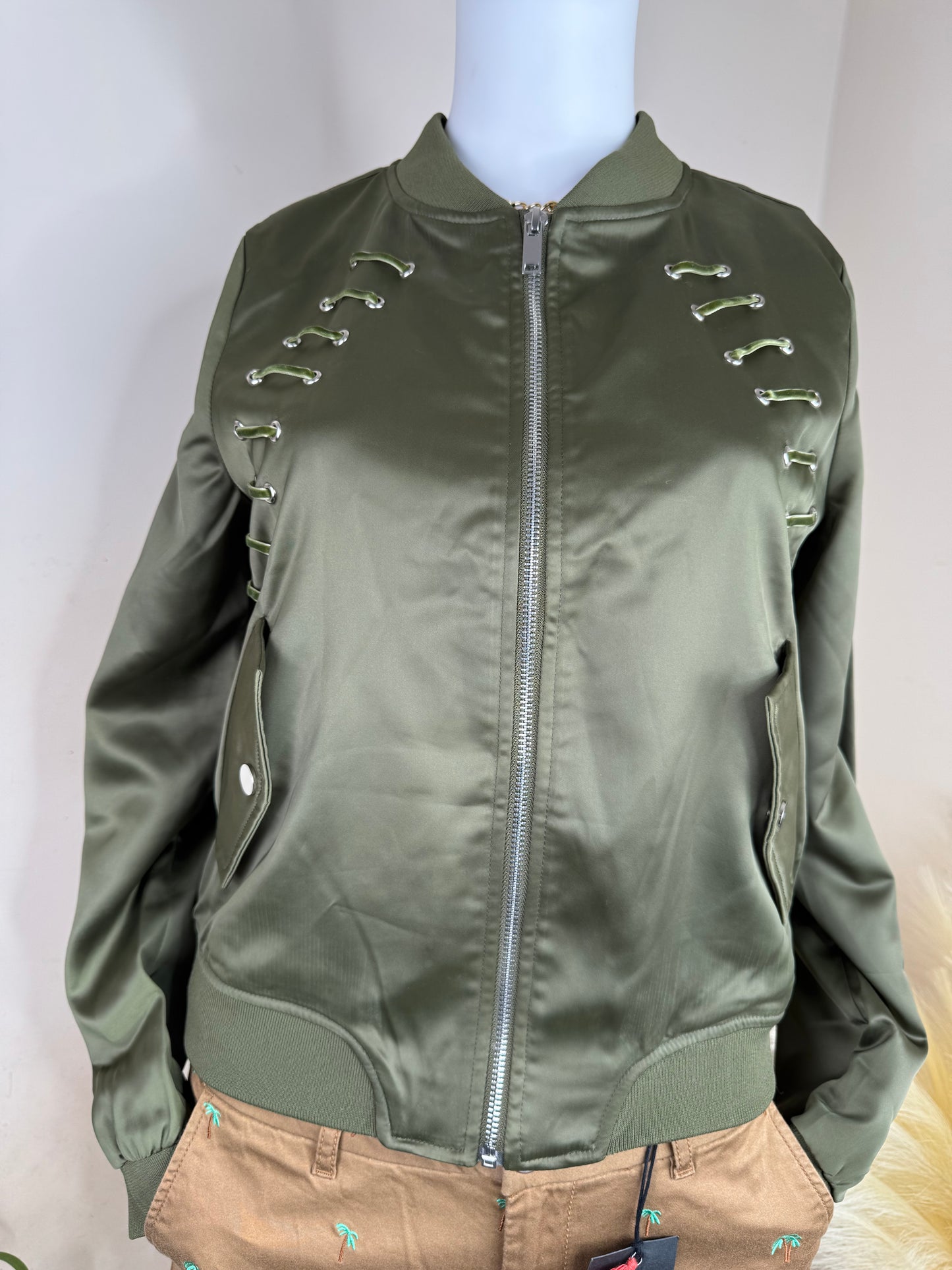 Women’s Bomber Jacket with Safety Pin Detail – Gold UK 10 / Khaki Green UK 8– Boutique Outerwear