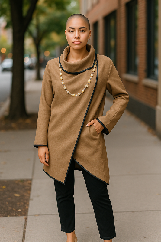 Women’s Camel Wrap Coat with Black Trim – Size L / UK