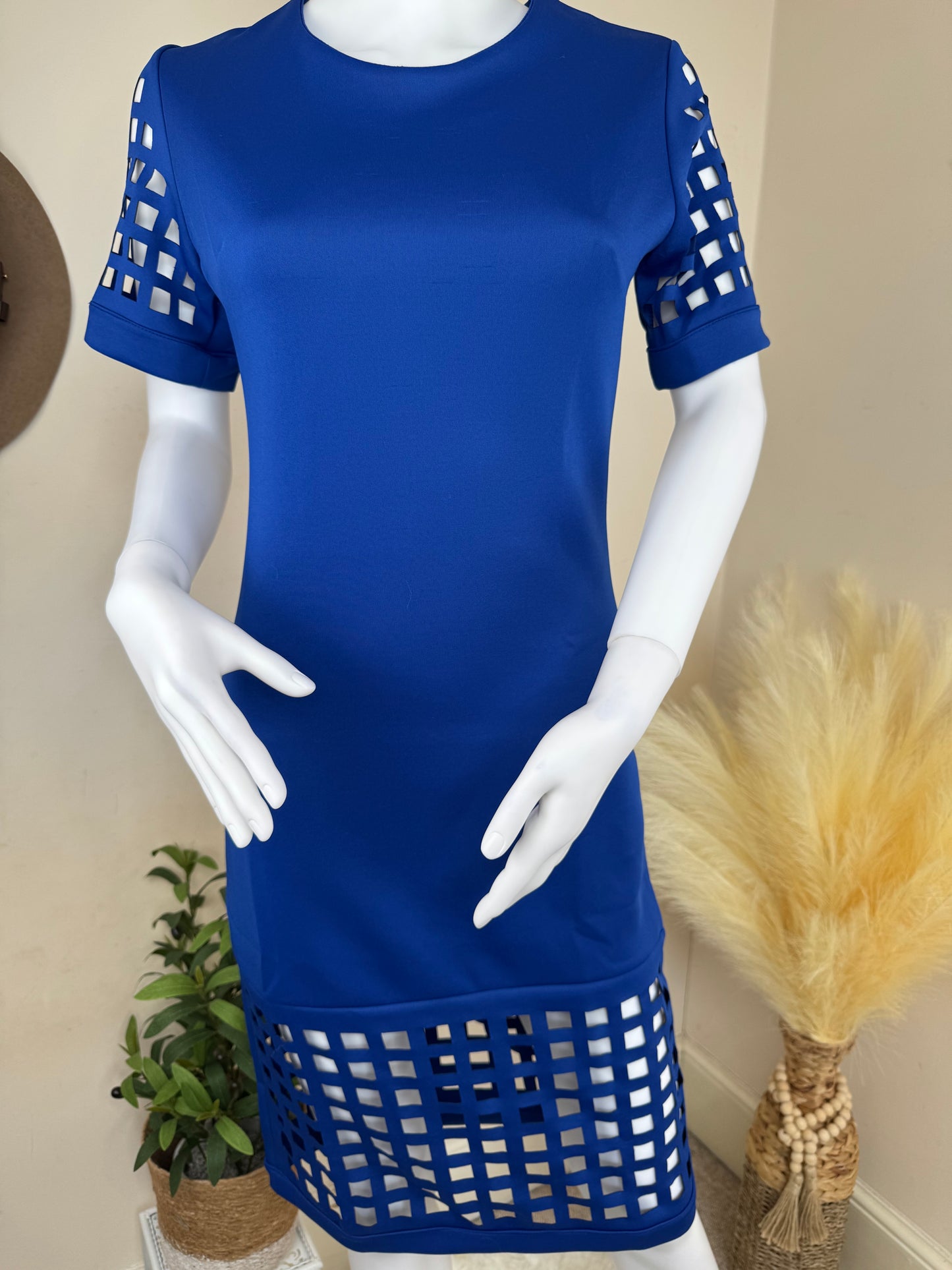 Women’s party midi dress with cut-out sleeves – red or blue – UK 10 & 12
