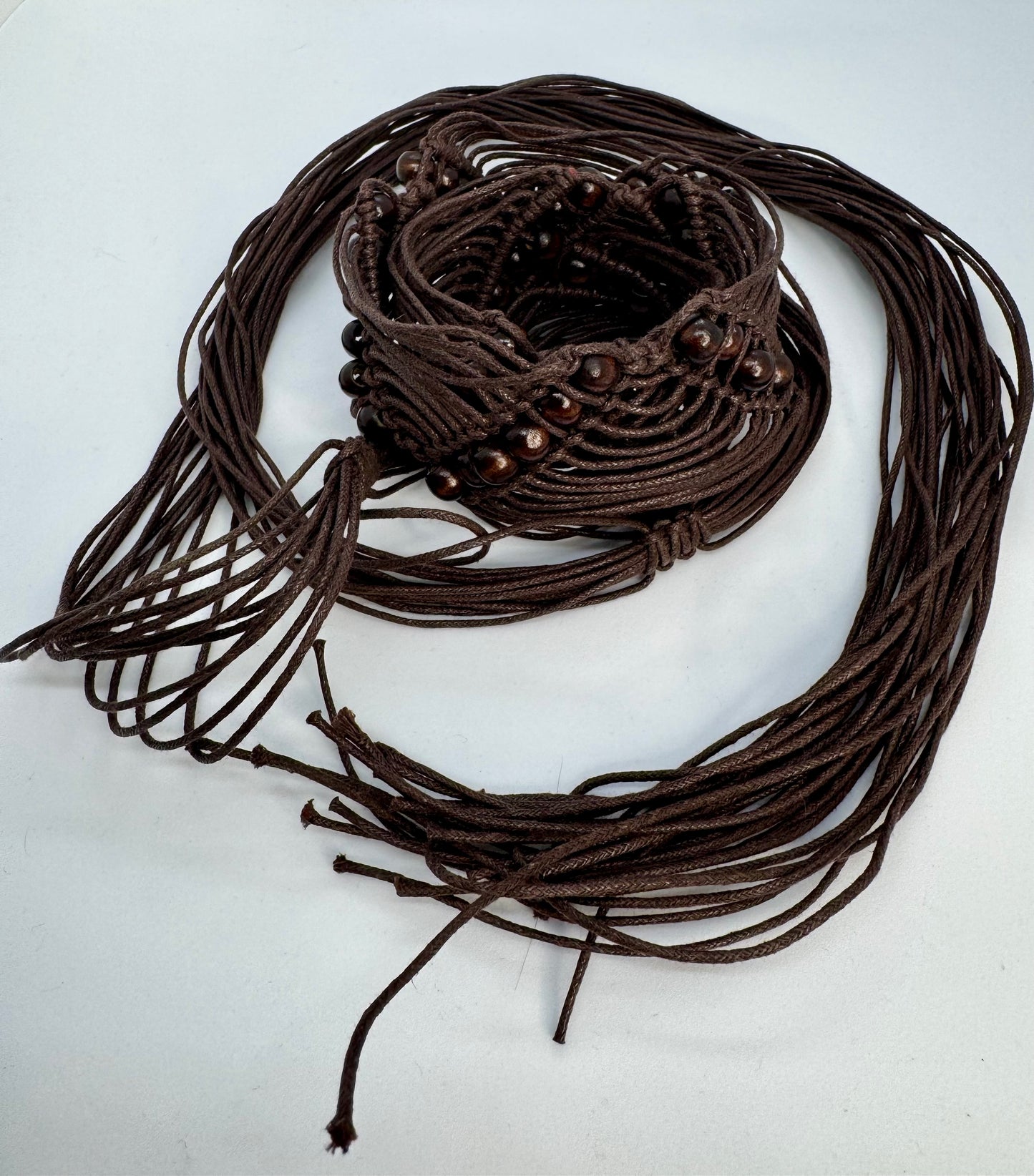 Women’s Brown Beaded Macramé Tie Waist Belt – One Size Boho