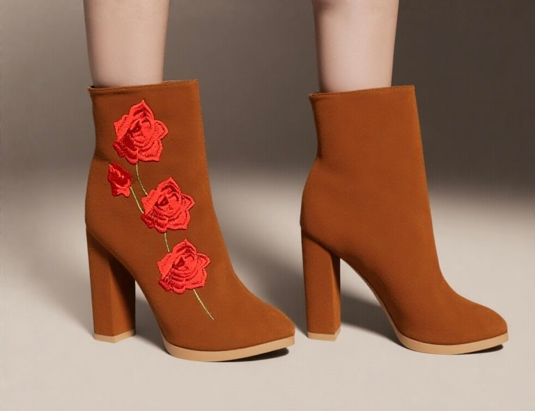 Brown Block Heel Ankle Boots with Red Rose Embroidery – Size UK 6 / EU 39