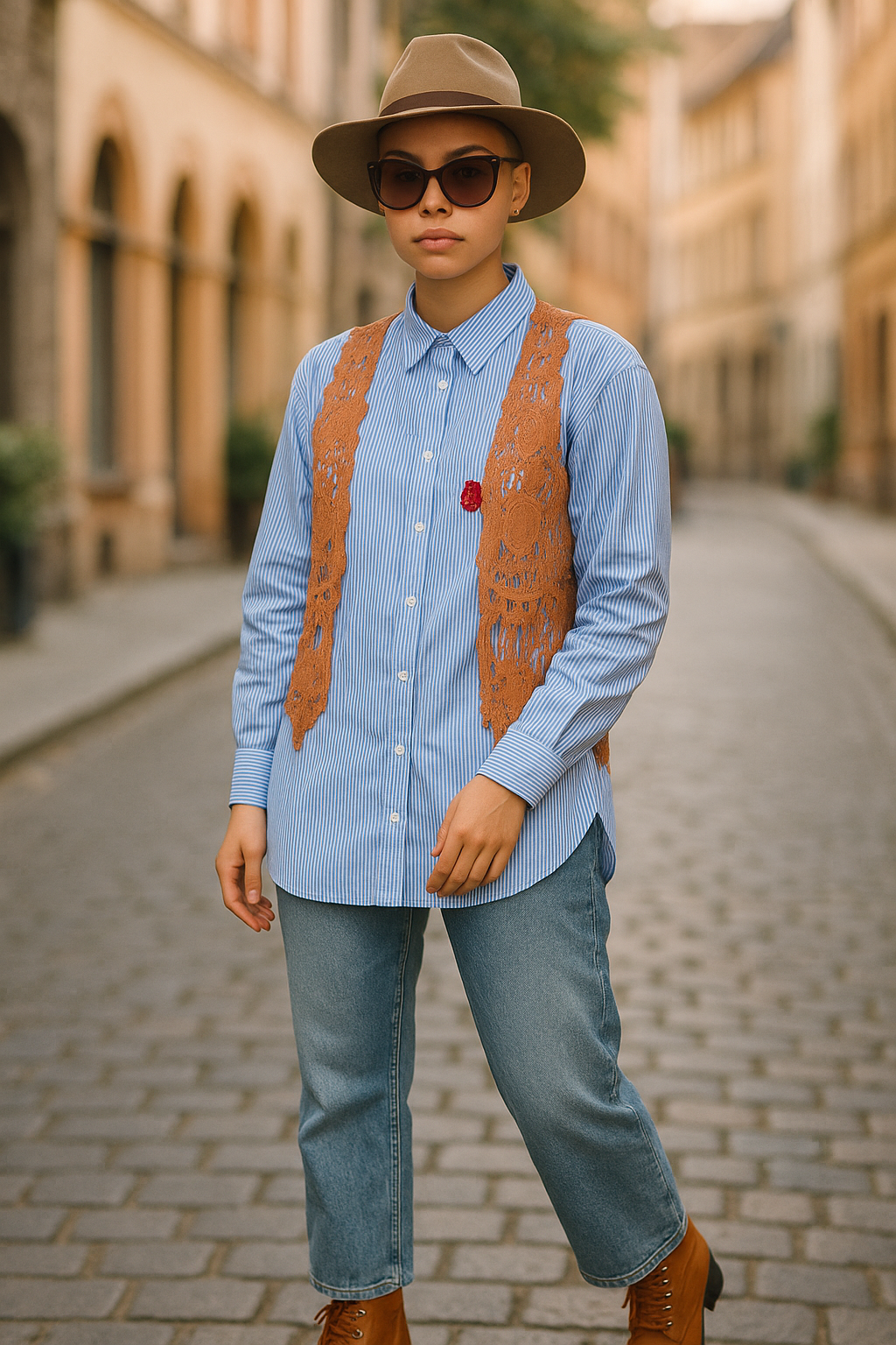 Women’s Blue Striped Shirt with Red Floral Embroidery – Oversized Fit (UK 8)
