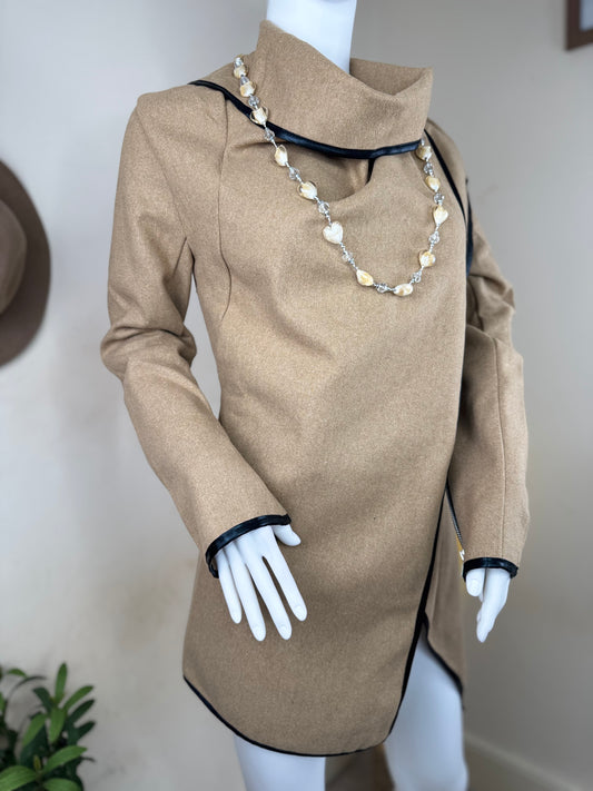 Women’s Camel Wrap Coat with Black Trim – Size L / UK