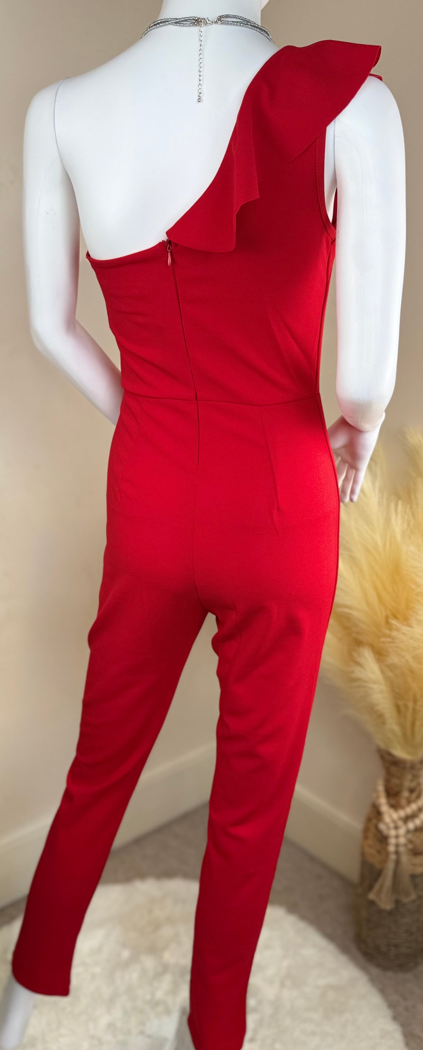 Women’s Red One Shoulder Ruffle Jumpsuit – Party & Evening Wear (UK 8)