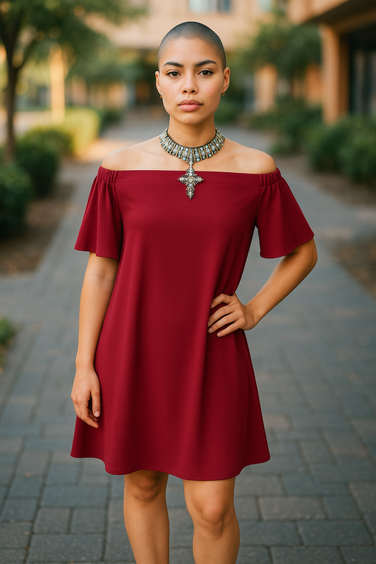 Burgundy Off Shoulder Mini Dress – Women’s Uk Size 10, Flared Sleeve Cocktail Party Outfit